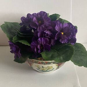 Artificial Purple African Violet in Hand Painted Ceramic Oriental Design Planter